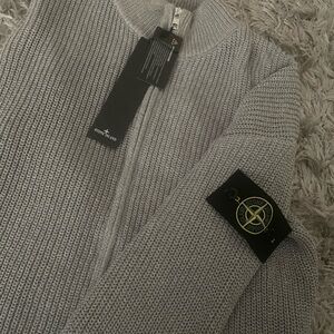 Stone Island Light Gray Zip-Up Knit Cardigan with Compass Patch